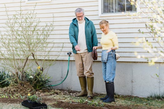 senior couple looking at a house