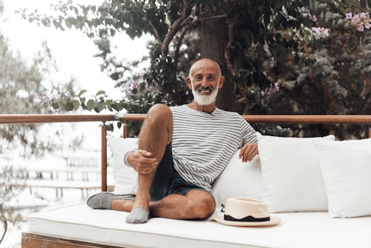 happy retiree enjoying coffee on porch