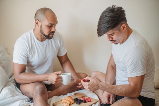 retired couple enjoying coffee at home